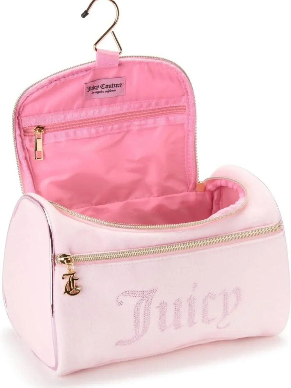 Pink Velour Makeup Bag | Travel Cosmetic Organizer with Rhinestones & Hanging